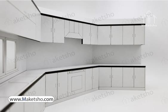 ماکت آموزشی آشپزخانه مدرن – مقیاس ۱:۲۵ با جزئیات کابینت‌بندی و تجهیزات