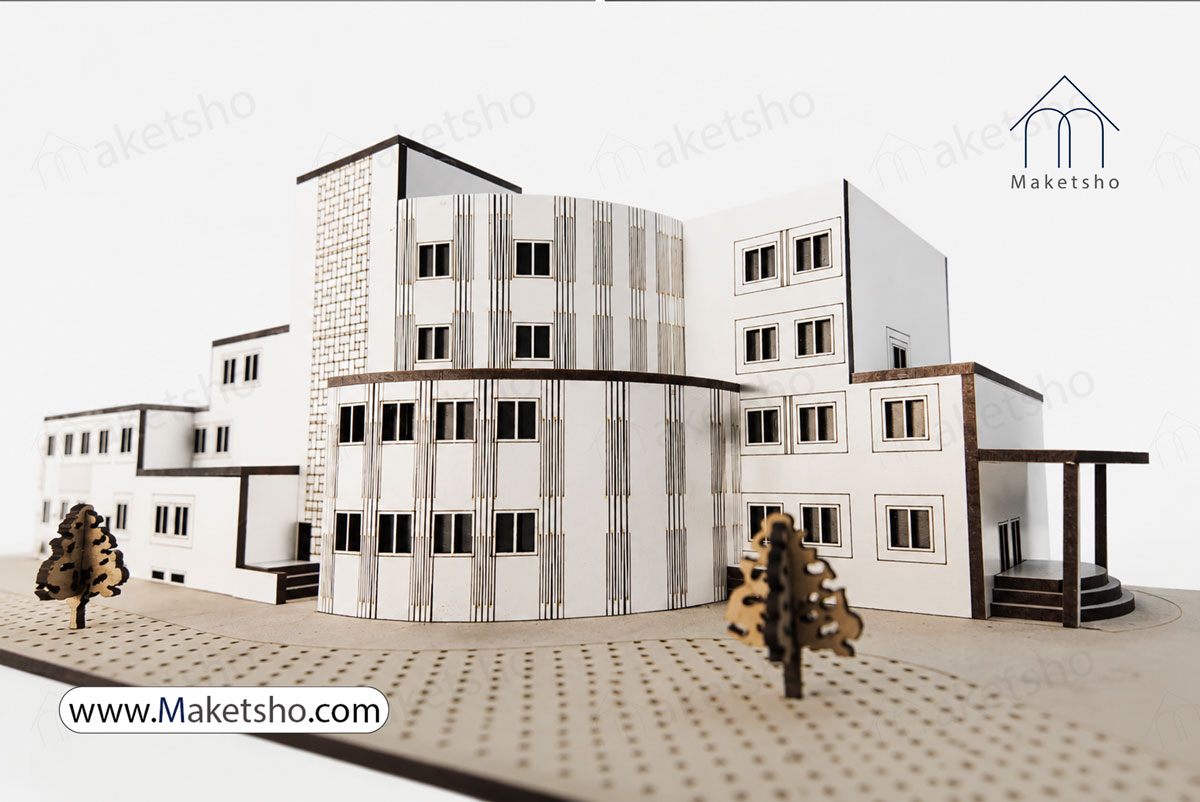 نمای پرسپکتیو ماکت هتل دانشجویی روی زیره ام&zwnj;دی&zwnj;اف خام با حک لیزر محوطه