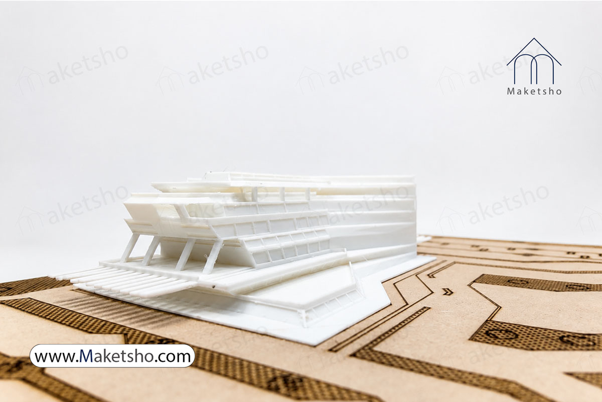 جزئیات حجم معماری مجتمع تجاری چاپ شده با متریال فیلامنت PLA سفید